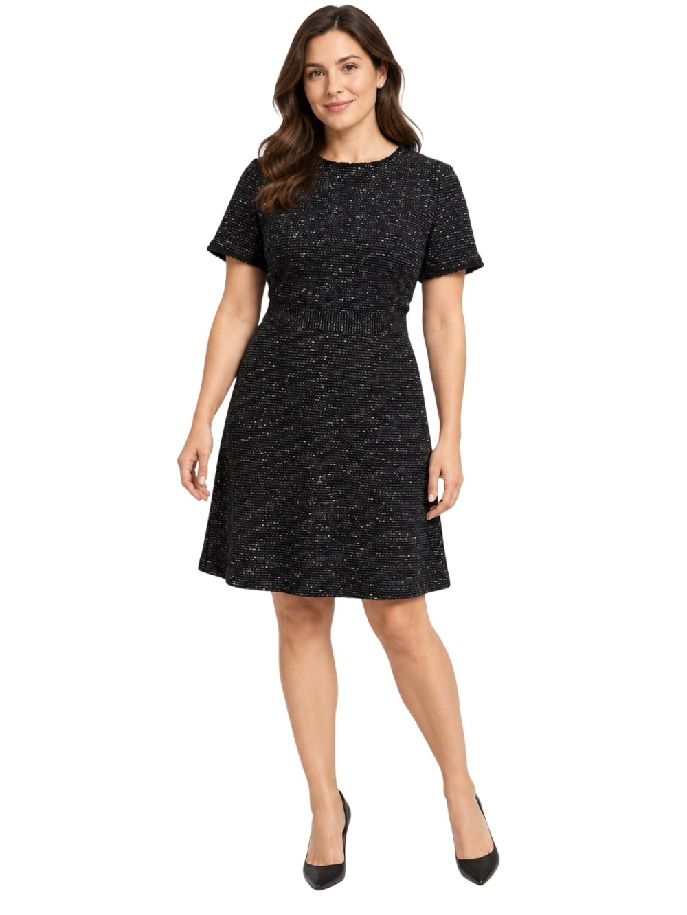 LOFT Black White Tweed Fringe Fit & Flare Dress Size 10 EUC